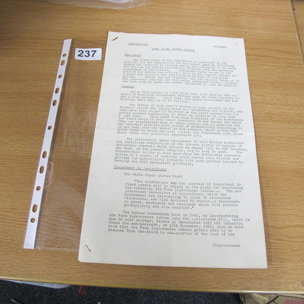 Lot 237: A Confidential Typewritten Document Titled 1966 Farm Price...