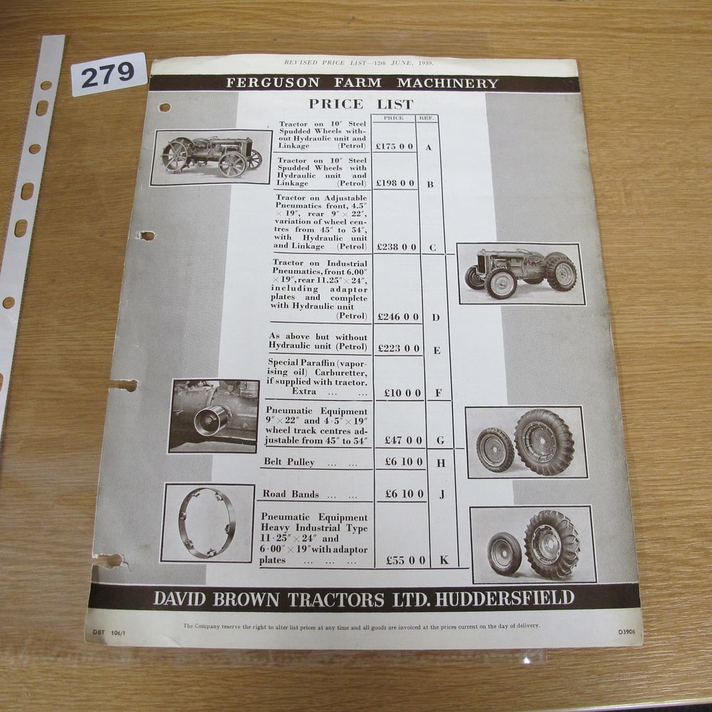 Lot 279: A 1939 Ferguson Farm Machinery Price List issued...