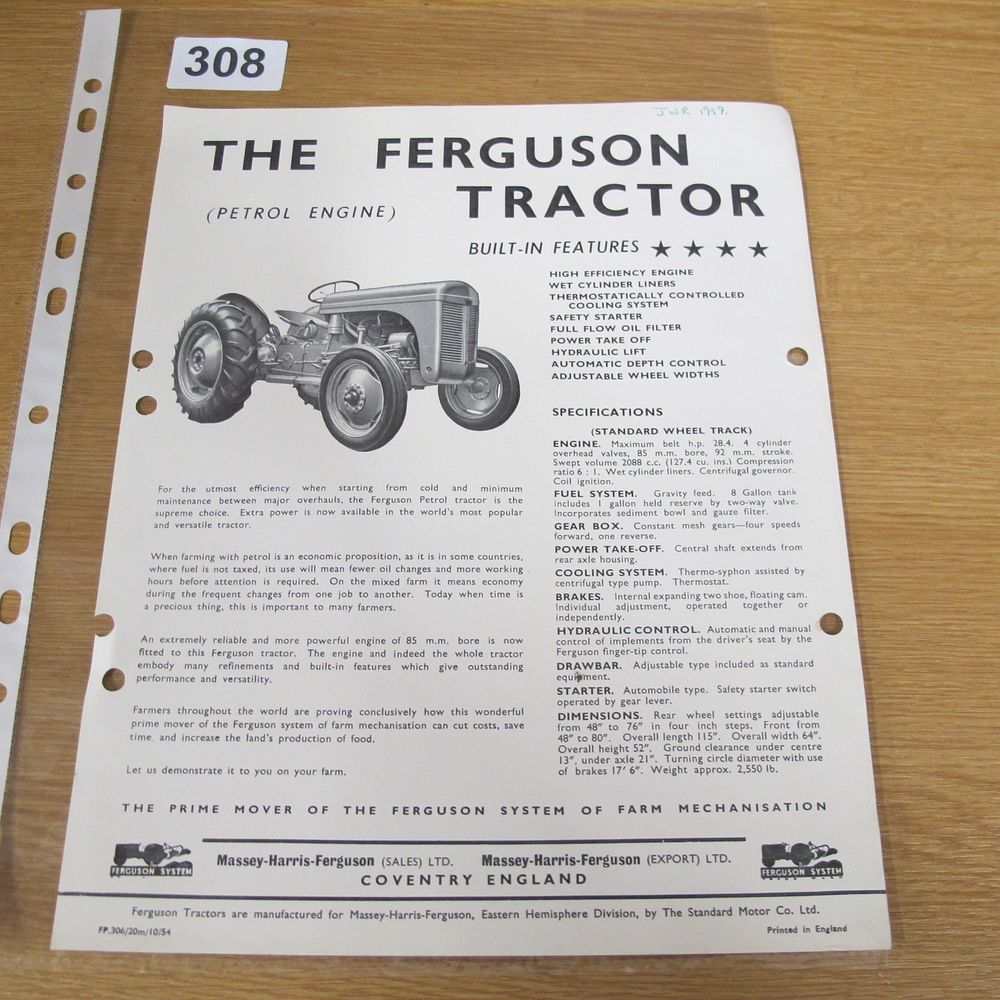 Lot 308: An Original 1954 Massey-Harris-Ferguson Tractor Specification and Advertising...
