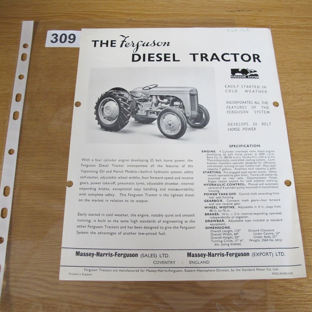 Lot 309: A 1955 Massey-Harris-Ferguson Diesel Tractor Advertising and Specification...