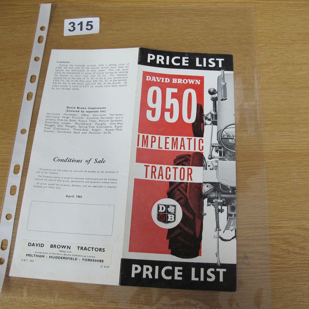 Lot 315: David Brown 950 Implematic Tractor Price List, April...