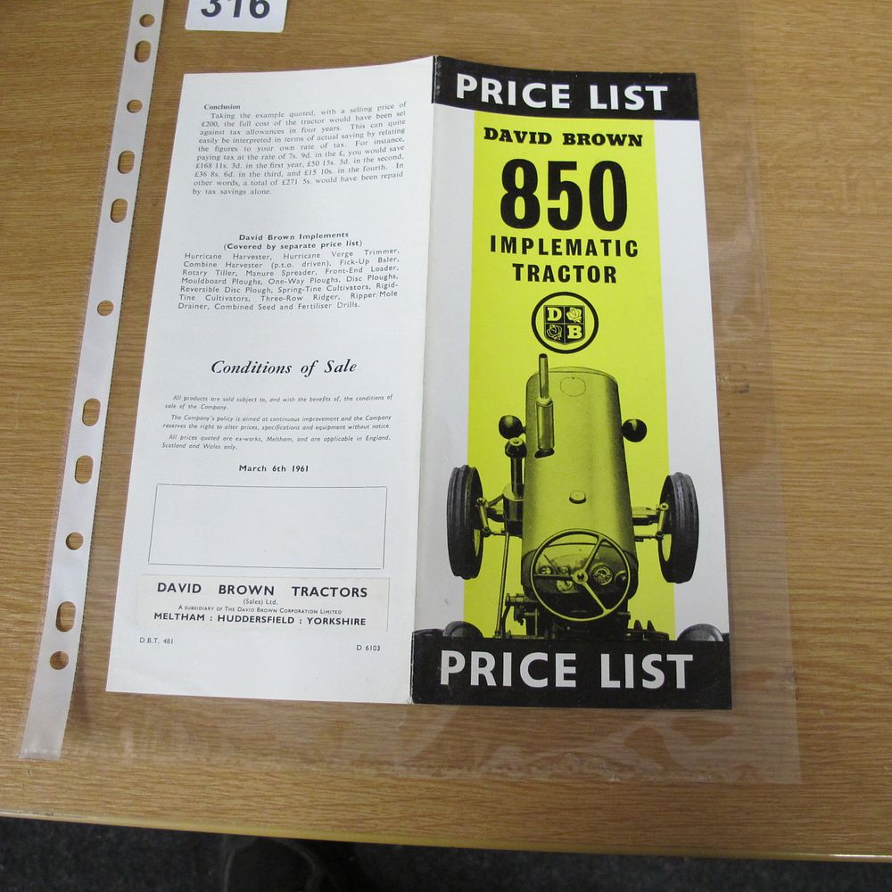 Lot 316: A David Brown 850 Implematic Tractor Price List...