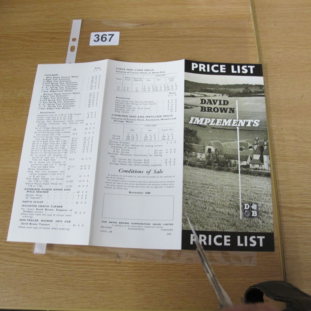 Lot 367: A David Brown Implements Price List, November 1960