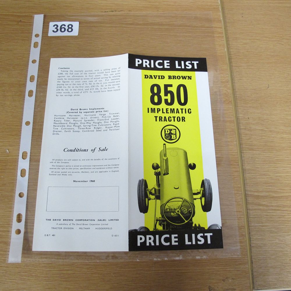 Lot 368: A David Brown 850 Implematic Tractor Price List,...