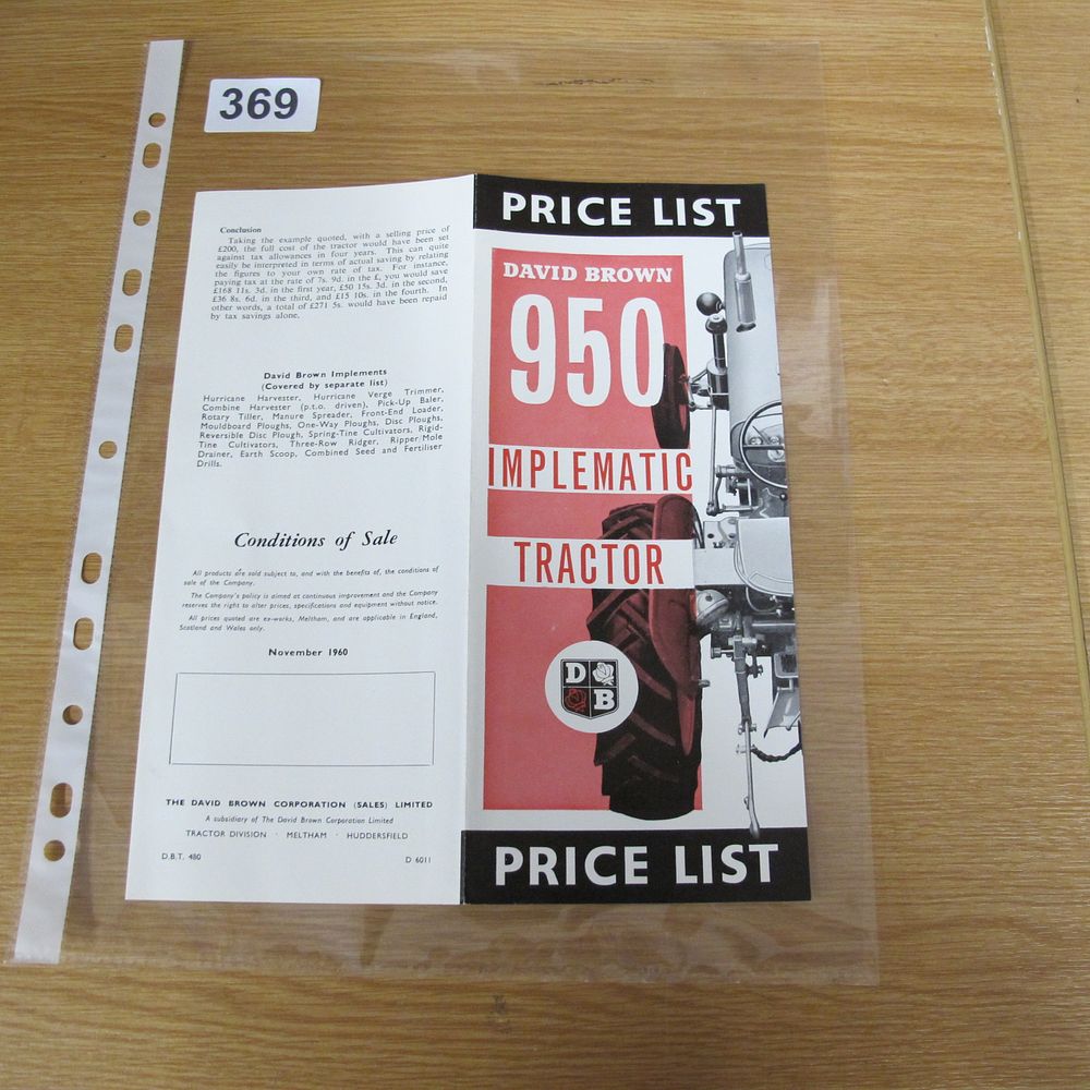 Lot 369: A David Brown 950 Implematic Tractor Price List,...