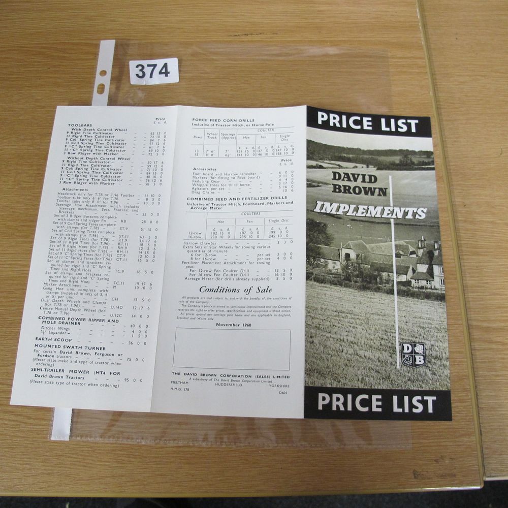 Lot 374: A vintage David Brown Implements price list dated...