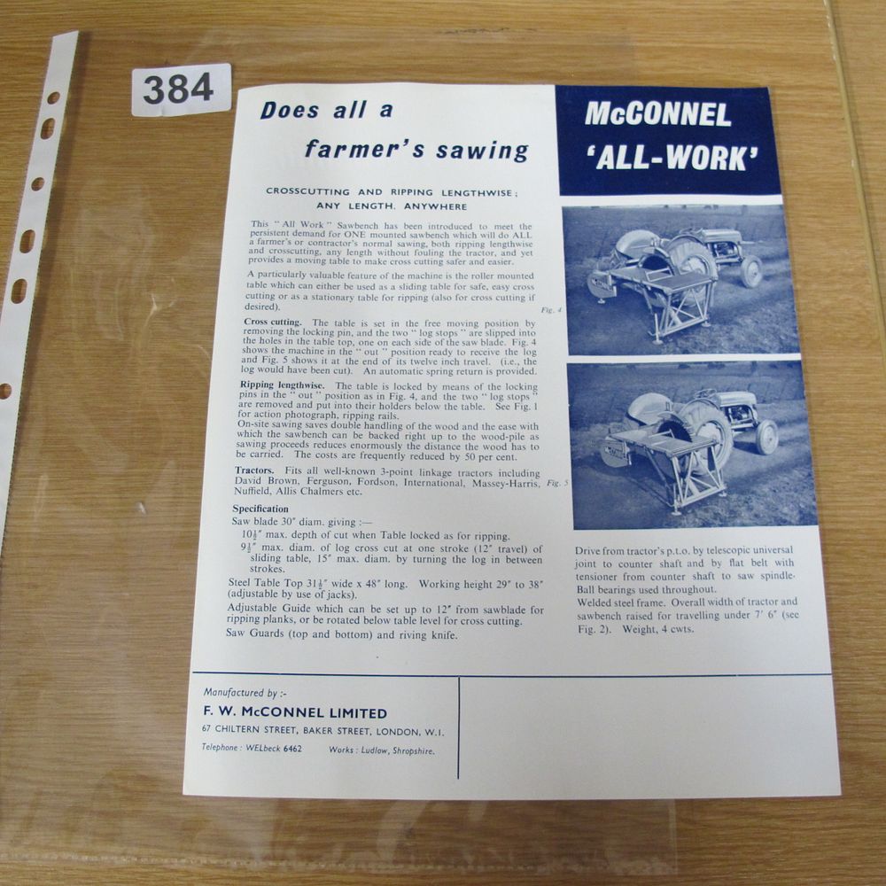 Lot 384: McConnel All-Work Tractor-Mounted Sawbench Promotional Brochure