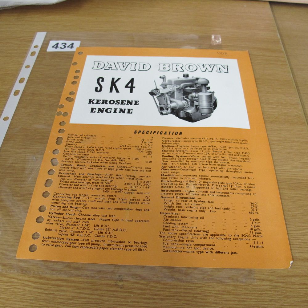 Lot 434: A Vintage David Brown SK4 Kerosene Engine Specification...
