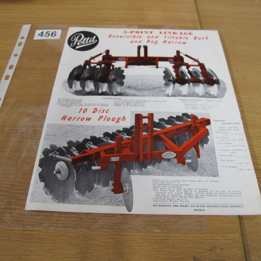Lot 456: A Vintage Pettit Agricultural Machinery Advertisement for Disc...