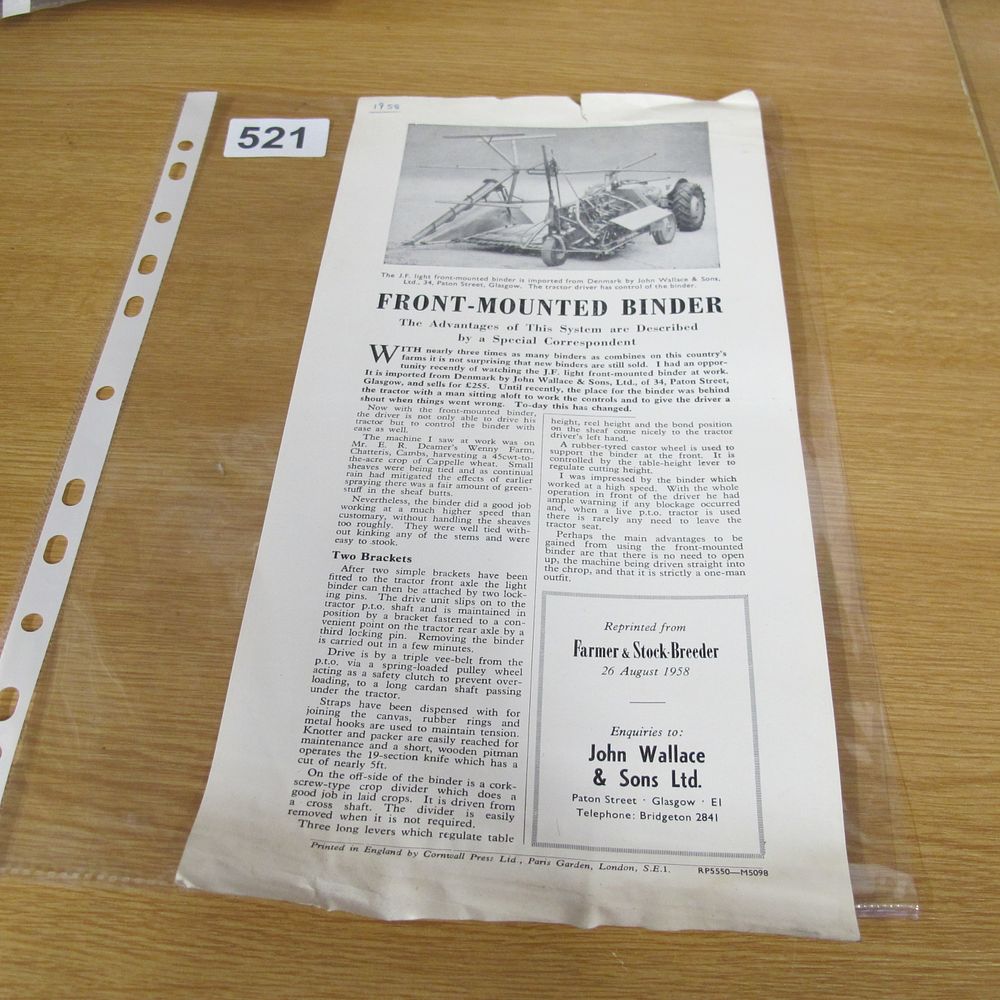 Lot 521: A 1958 Agricultural Machinery Leaflet for the J.F....