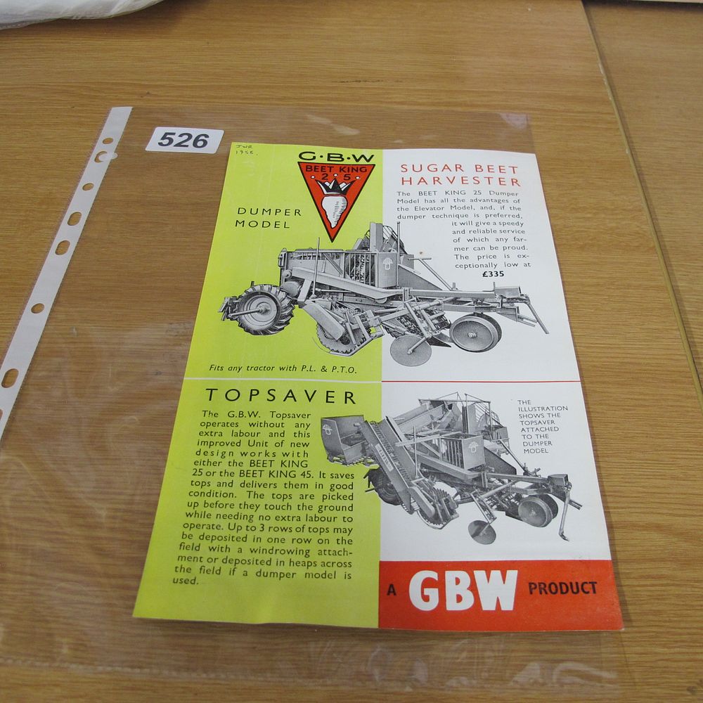 Lot 526: A vintage advertising leaflet for the G.B.W. Beet...