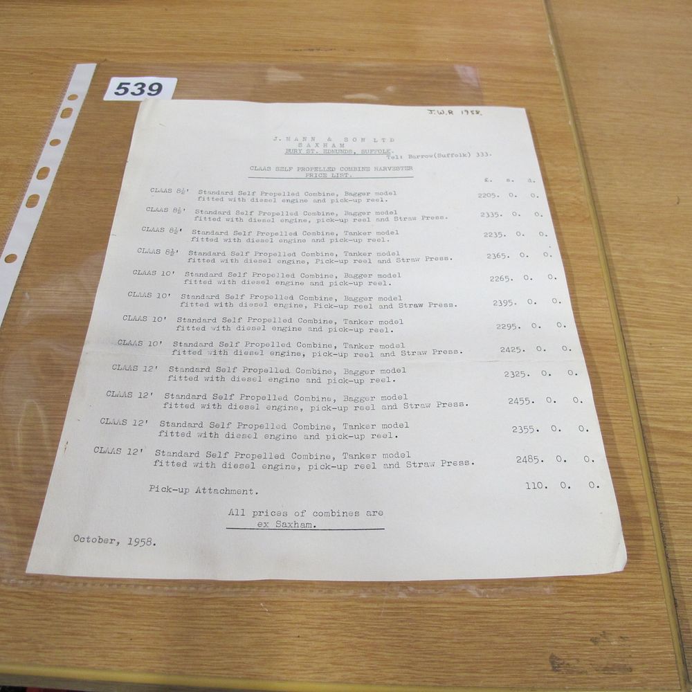 Lot 539: A 1958 Price List for Claas Self Propelled...