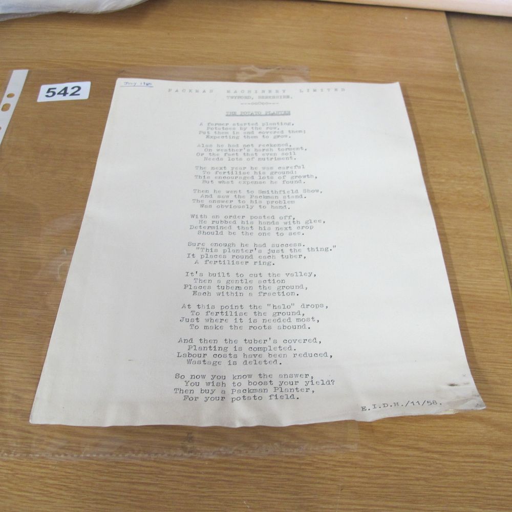 Lot 542: A Mid-20th-Century Typewritten Promotional Poem for Packman Machinery...