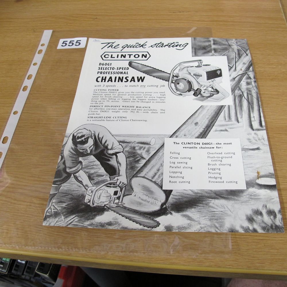 Lot 555: Vintage Clinton D60G1 Selecto-Speed Professional Chainsaw Advertising Flyer,...