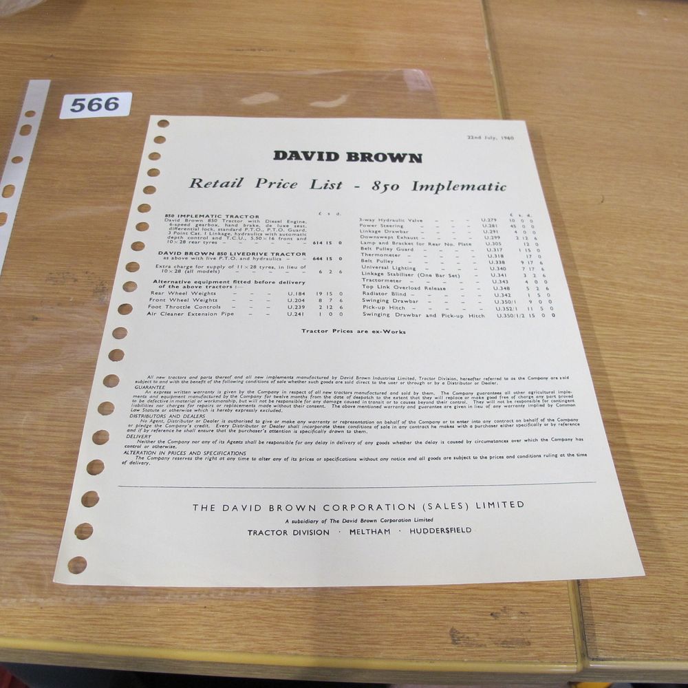 Lot 566: David Brown 850 Implematic Tractor Retail Price List,...