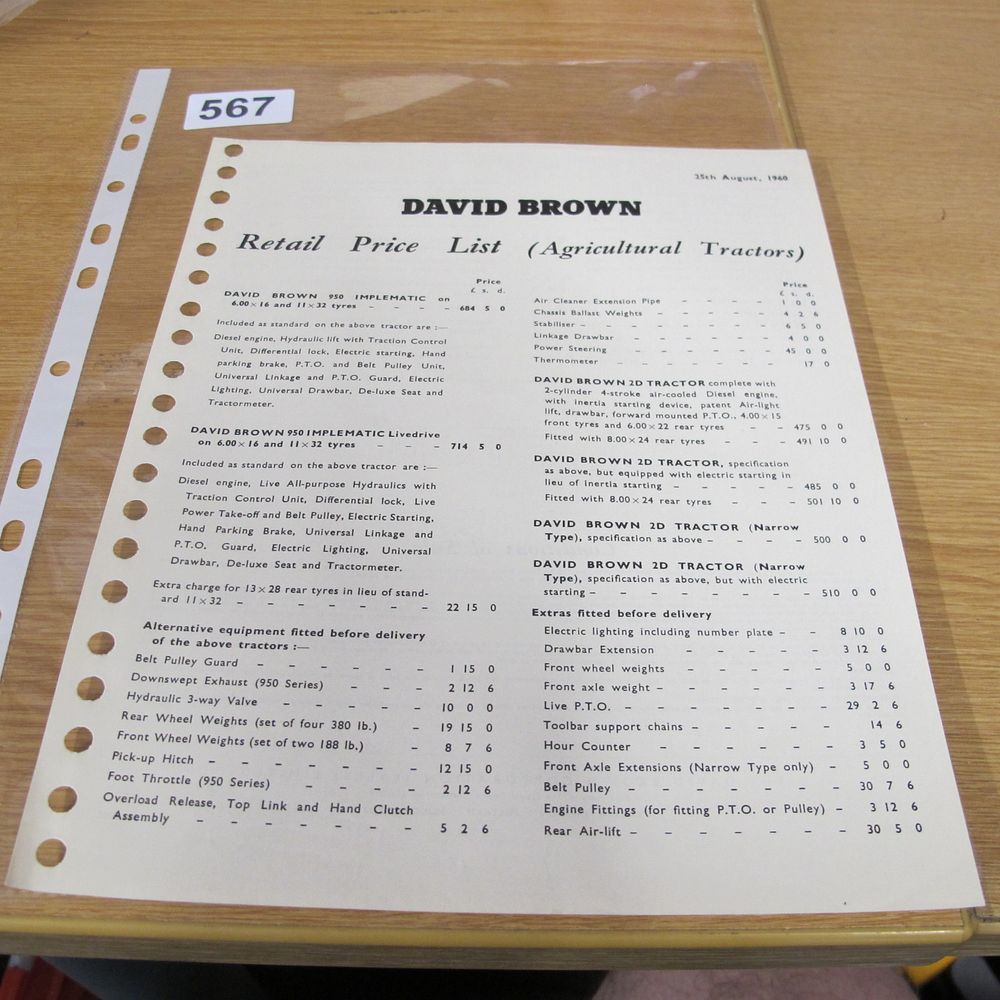 Lot 567: A David Brown Agricultural Tractors Retail Price List,...
