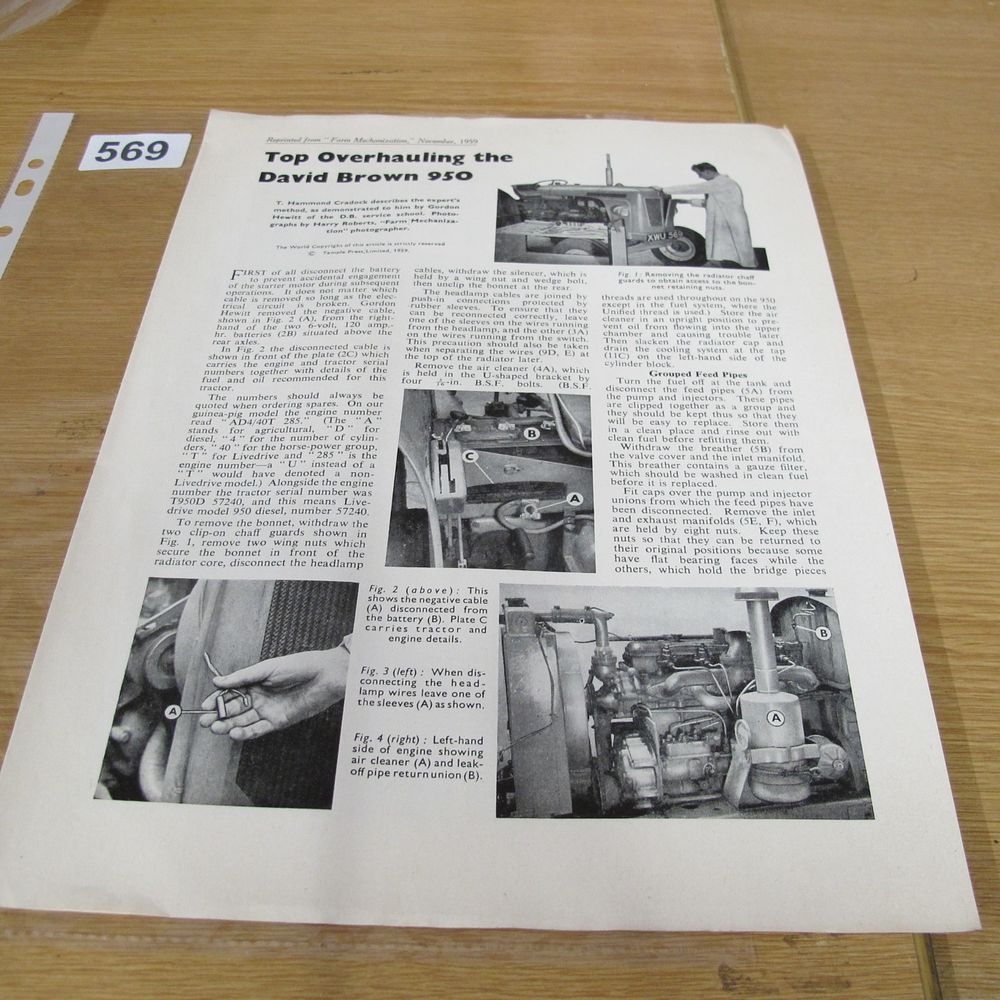 Lot 569: David Brown 950 Tractor Technical Overhaul Article Reprint,...
