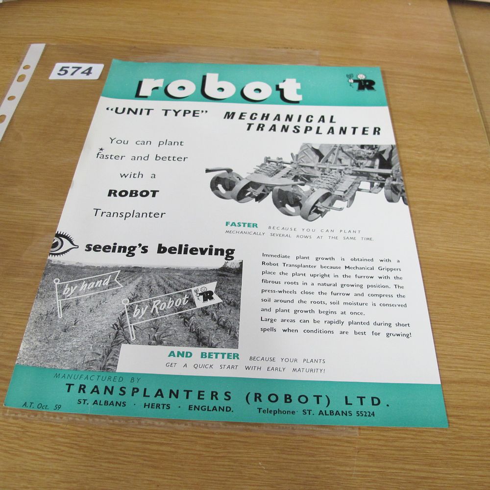 Lot 574: A 1959 Advertising Flyer for Transplanters (Robot) Ltd....