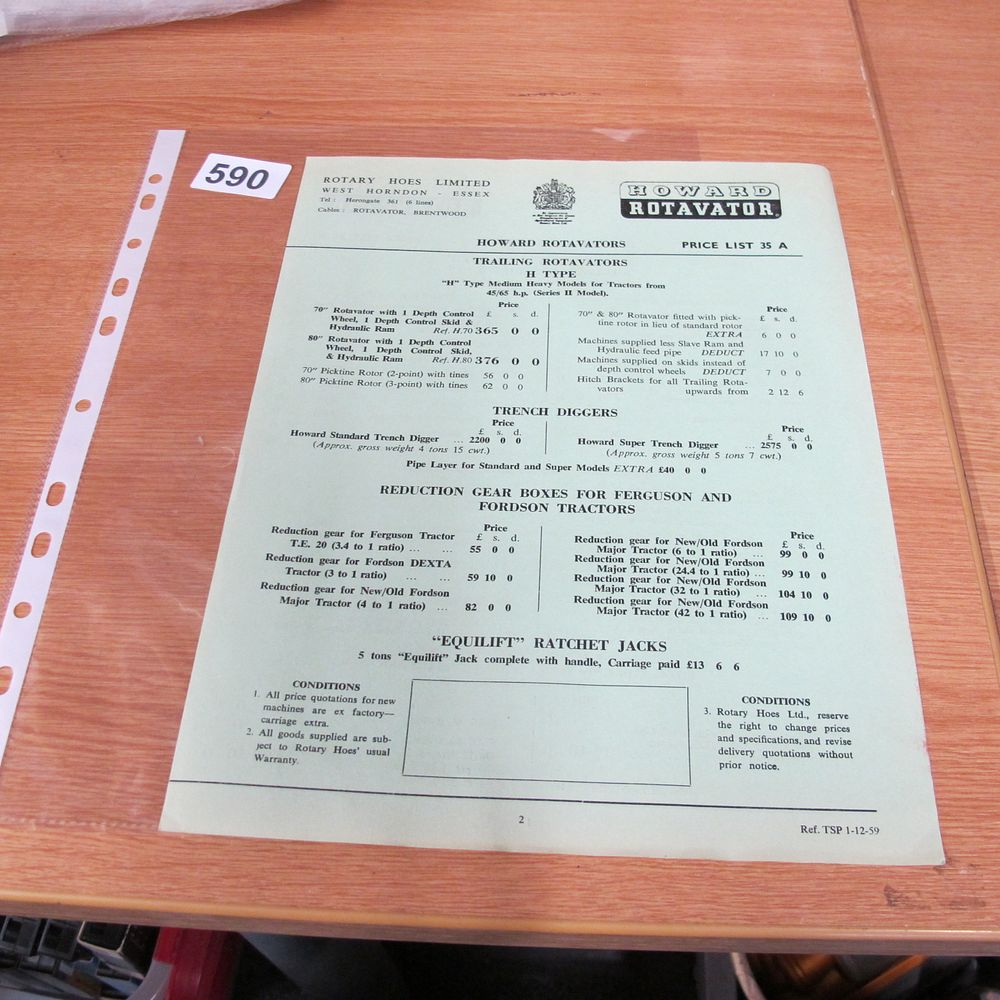 Lot 590: Howard Rotavator Price List 35 A Dated 1959