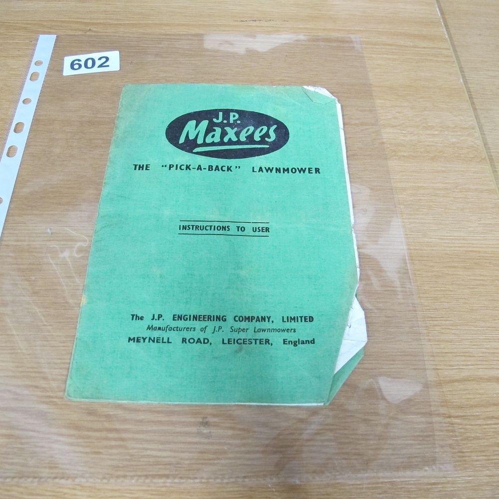 Lot 602: A J.P. Maxees Pick-a-Back Lawnmower Instruction Manual
