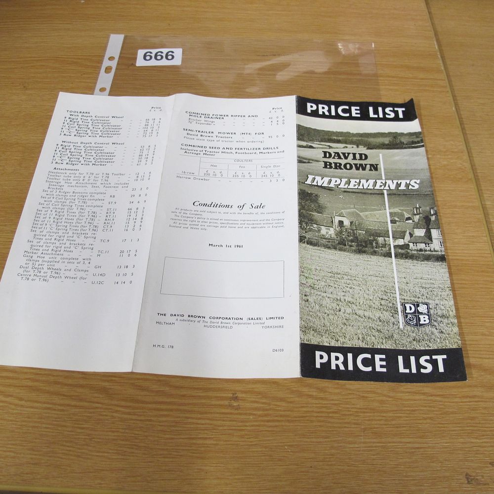 Lot 666: Vintage David Brown Implements Price List Dated March...