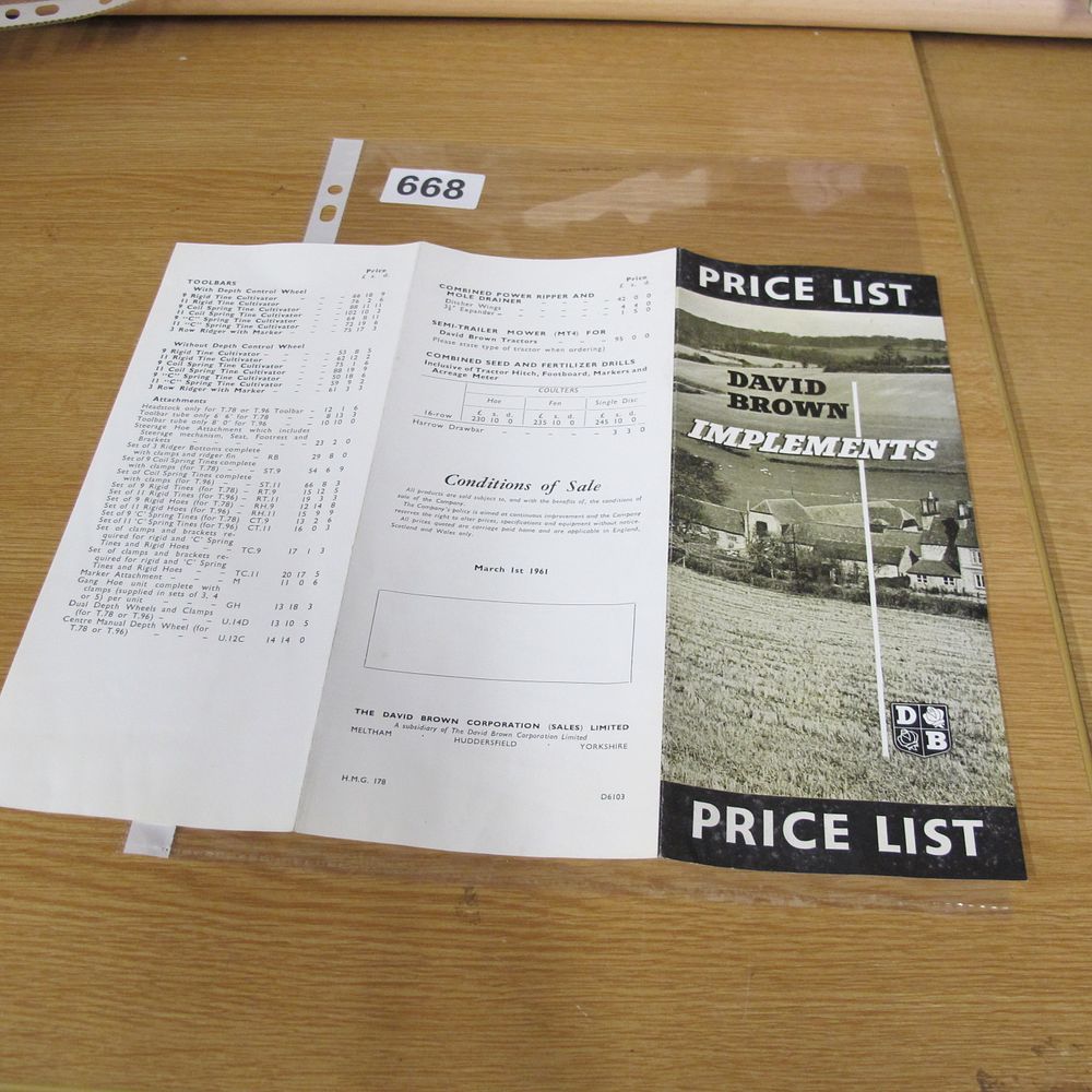 Lot 668: A David Brown Implements Price List, March 1st...