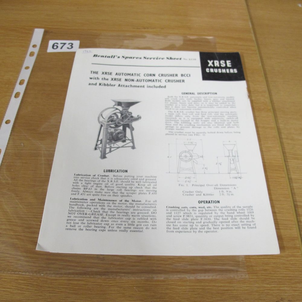 Lot 673: A Vintage Bentall's XRSE Corn Crusher Spares Service...