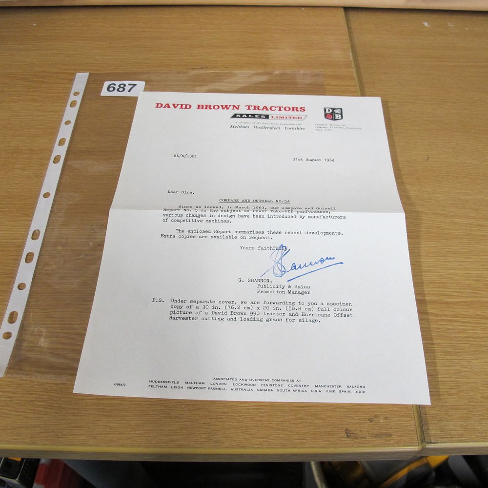 Lot 687: A David Brown Tractors Sales Limited Typed Letter...