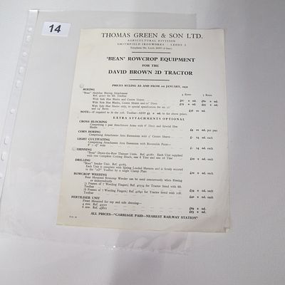 Thomas Green & Son Ltd. Bean Rowcrop Equipment for the David Brown 2D Tractor Price List, 1959.