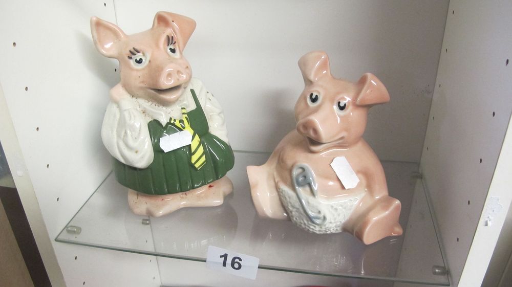 Lot 16: A Pair of Vintage Glazed Ceramic Anthropomorphic Pig Figurines