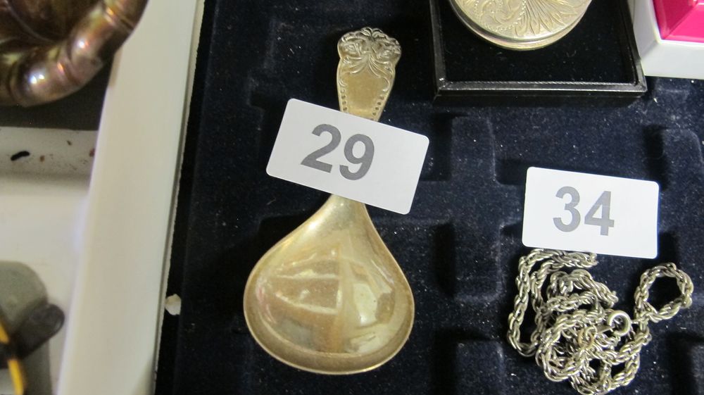 Lot 29: A Gilt Metal Condiment Spoon and a White Metal Rope Twist Chain