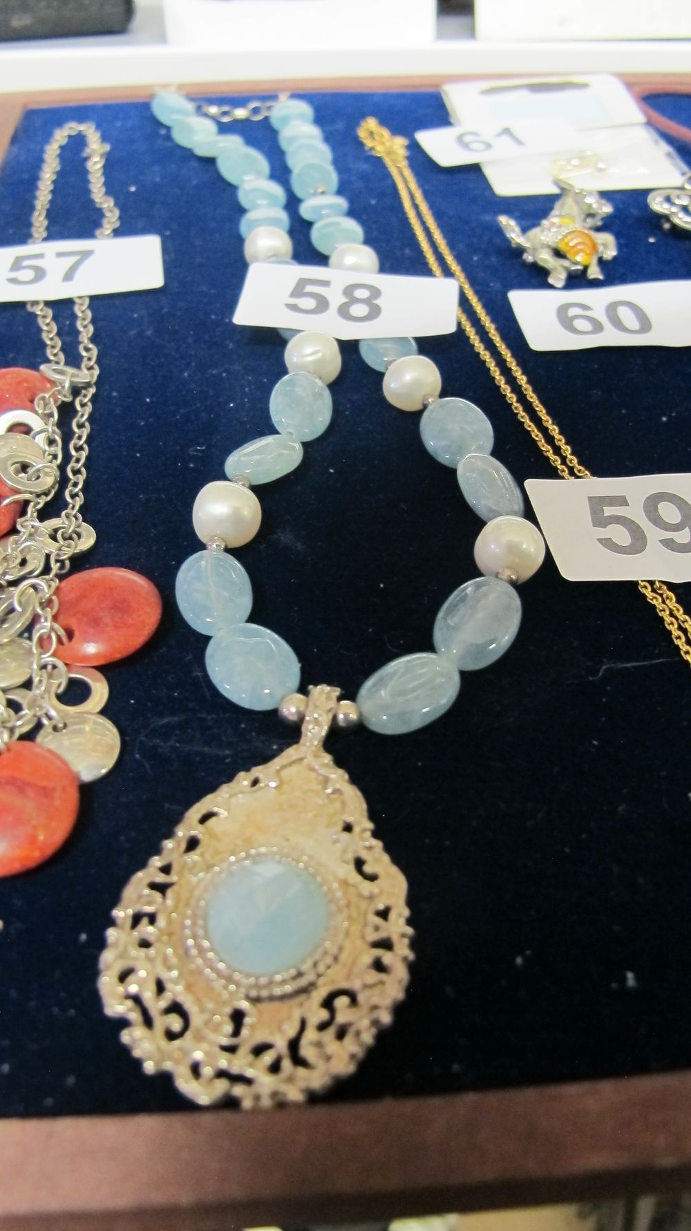 Lot 58: Silver-Tone Filigree Pendant Necklace with Pale Blue Beads and Pearls