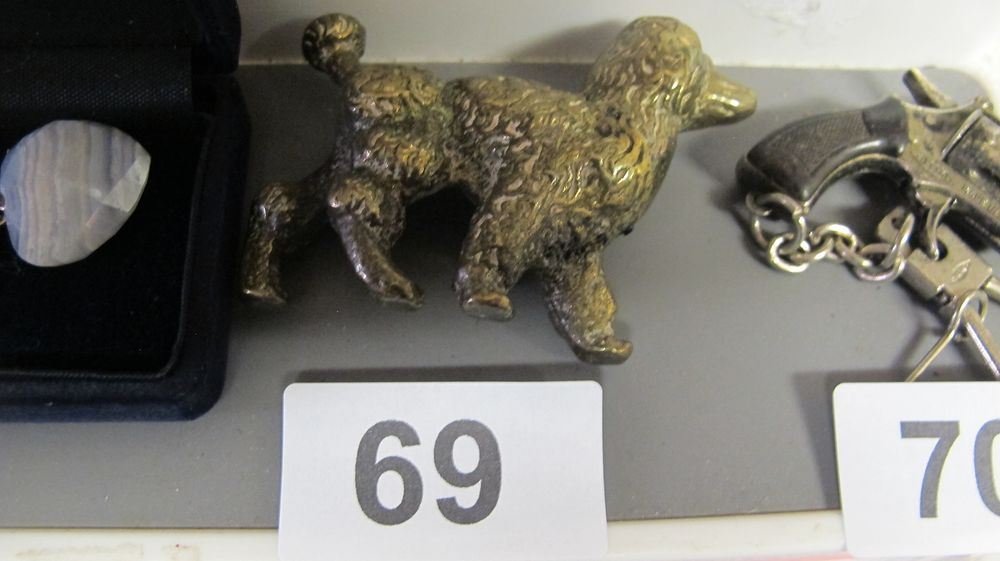 Lot 69: A Group of Three Items Including a Brass Poodle Figurine, Miniature Revolver Keychain and Agate Pendant