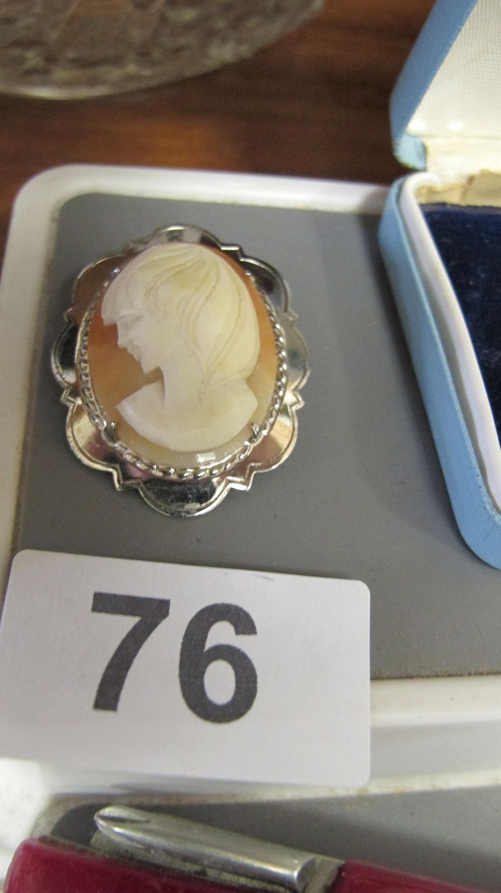 Lot 76: Vintage Carved Shell Cameo Brooch in White Metal Mount
