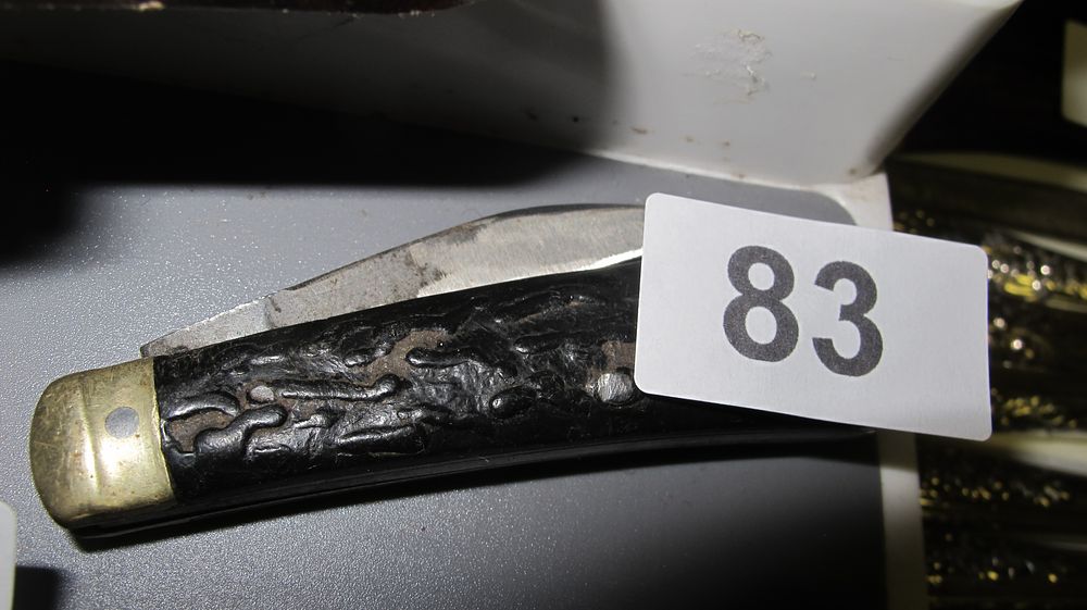 Lot 83: Single Blade Folding Pocket Knife with Jigged Black Scales