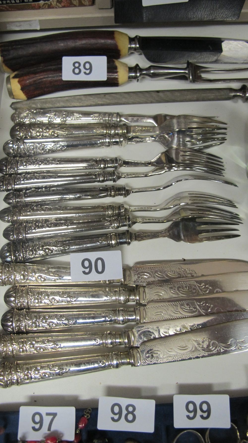 Lot 90: A Collection of Silver Plated Fish Cutlery and Stag Horn Handled Carving Tools