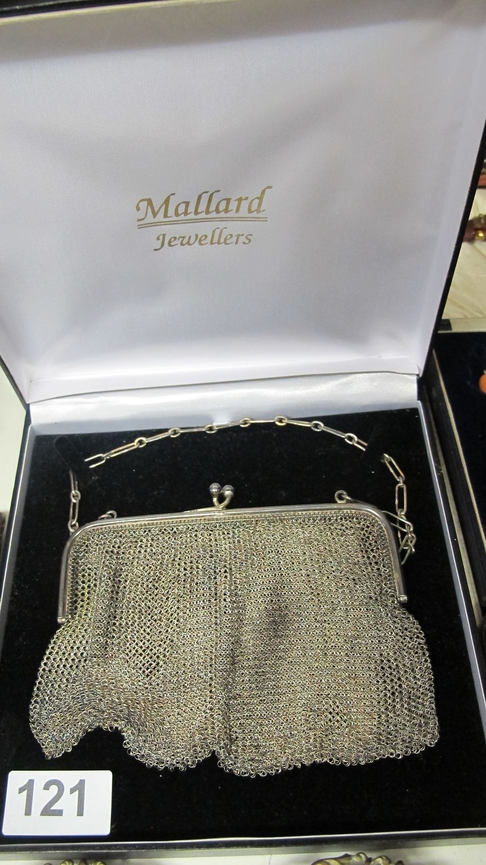 Lot 121: Mallard Jewellers Silver Tone Mesh Evening Purse in Original Presentation Box