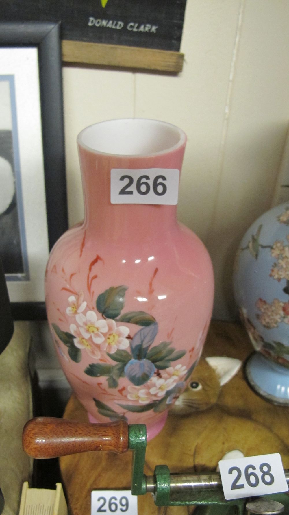 Lot 266: Victorian Hand Painted Pink Cased Glass Vase