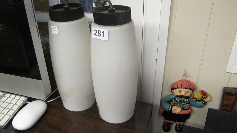 Lot 281: A Pair of Mid-Century Modern Frosted Glass Pendant Lights