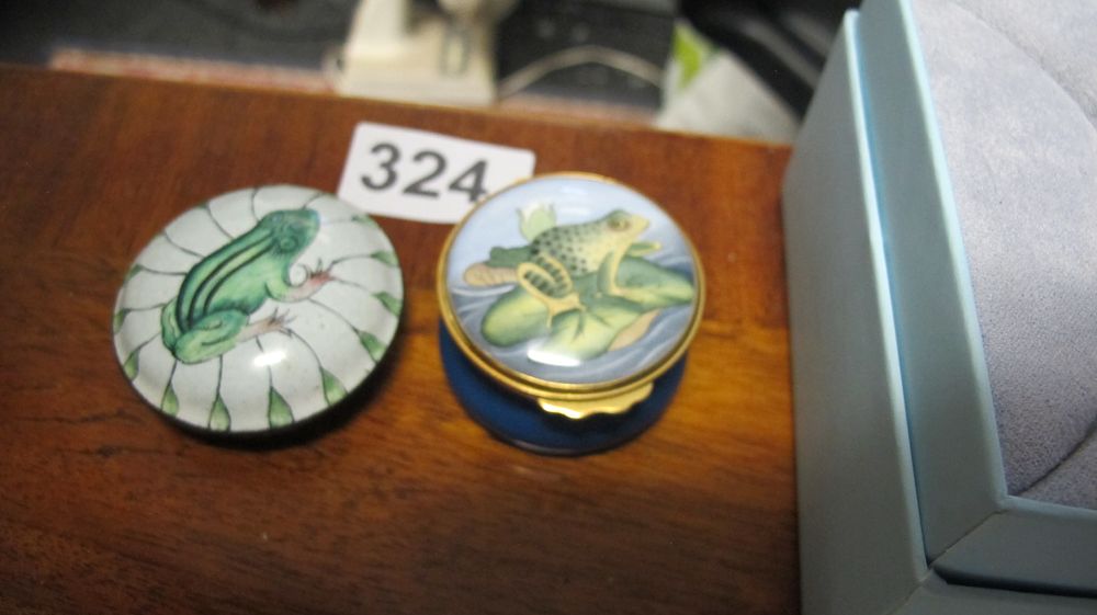 Lot 324: Two Enamel Circular Trinket Boxes with Frog Decoration