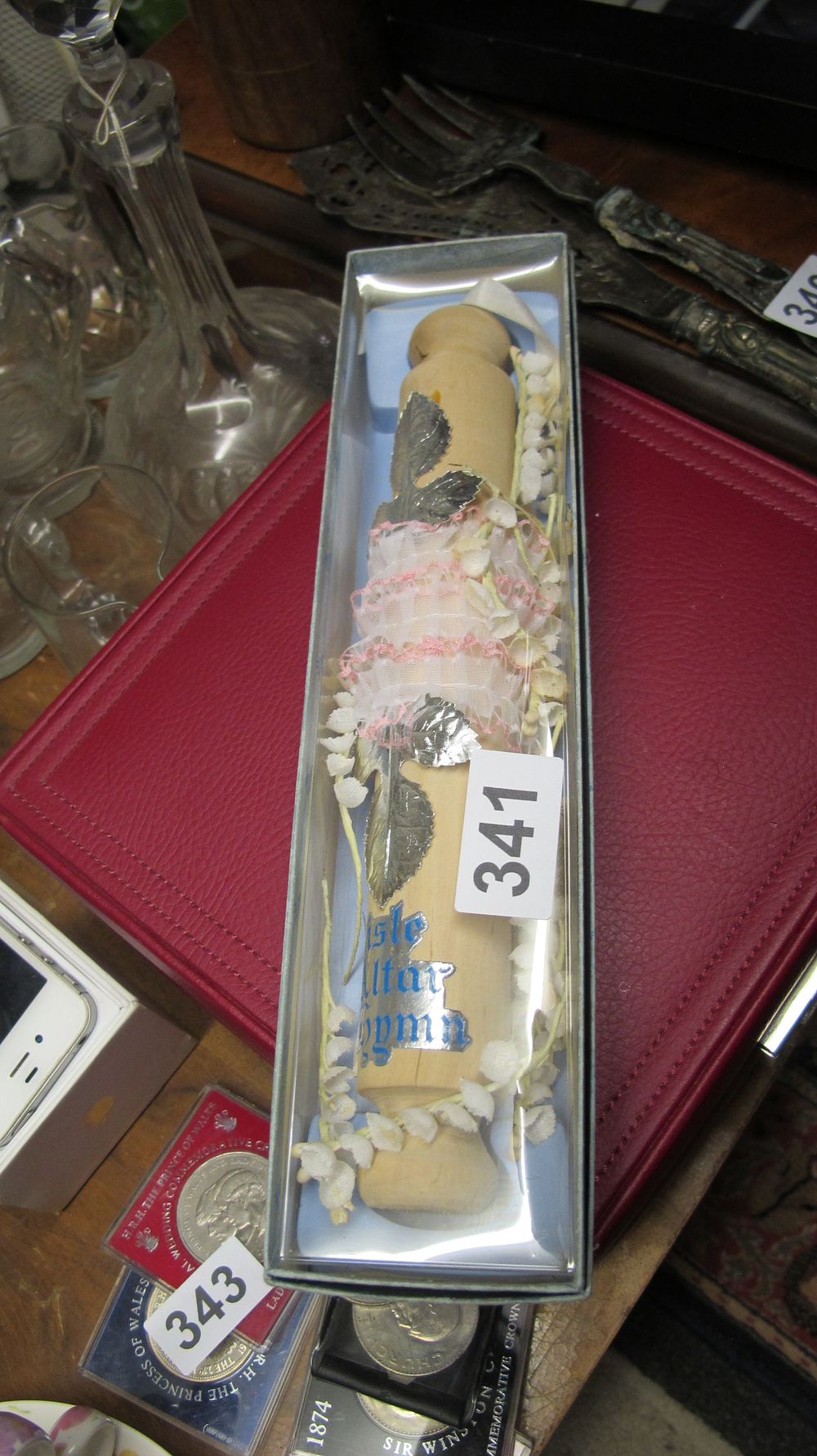 Lot 341: A Miniature Decorative Wooden Rolling Pin and a Collection of Historical and Royal Commemorative Coins