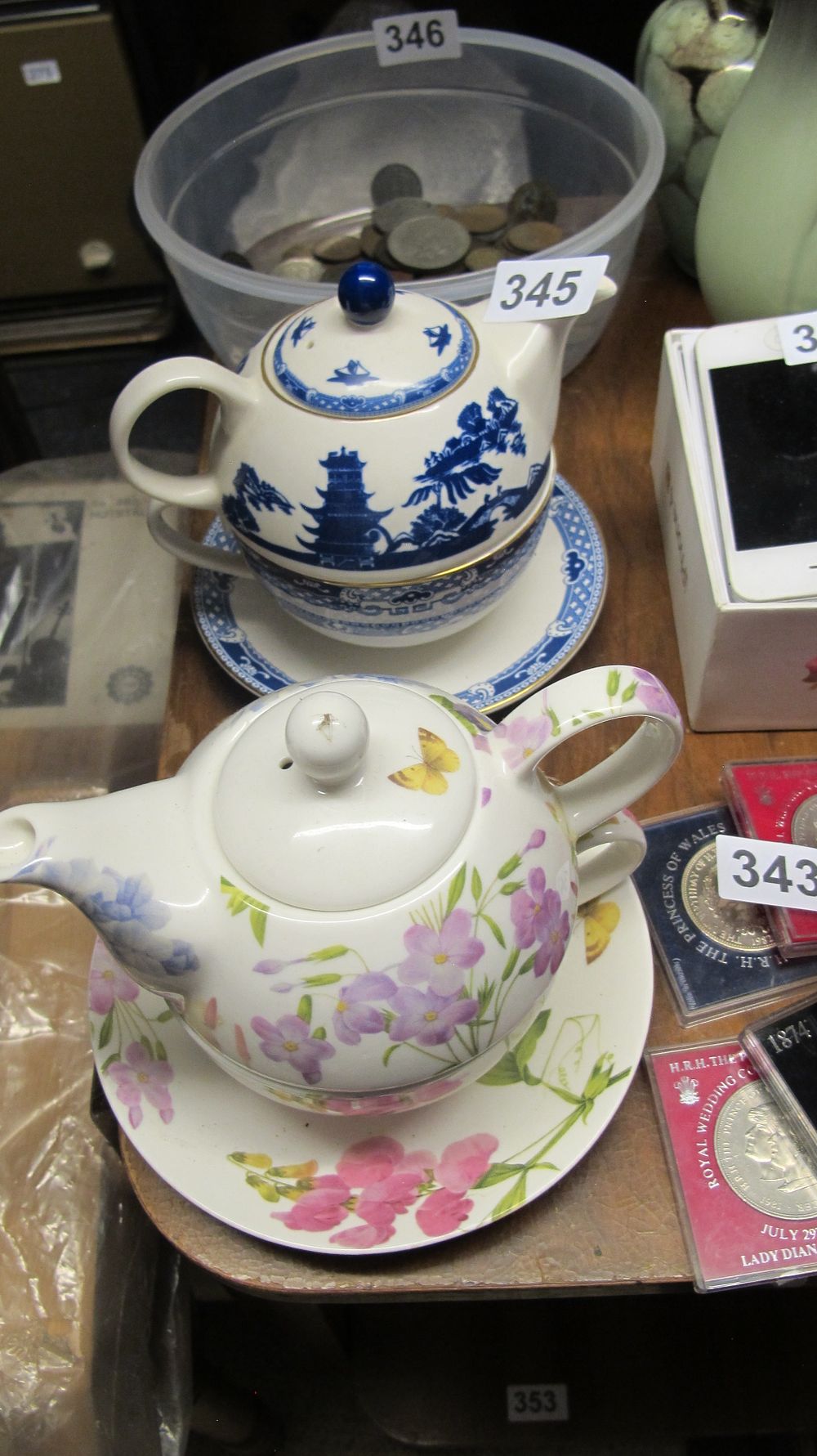 Lot 345: Two Ceramic Tea-for-One Sets and a Commemorative Royal Wedding Medal