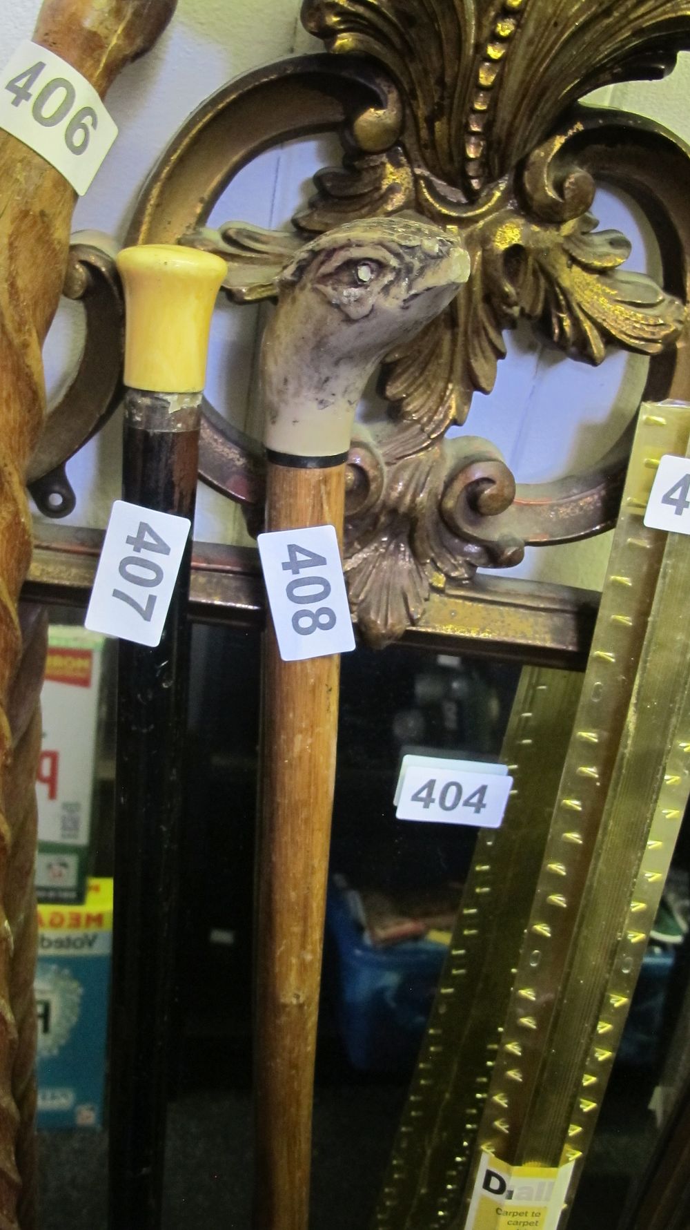 Lot 408: A Trio of Walking Sticks Including Carved Bird Head Handle Cane