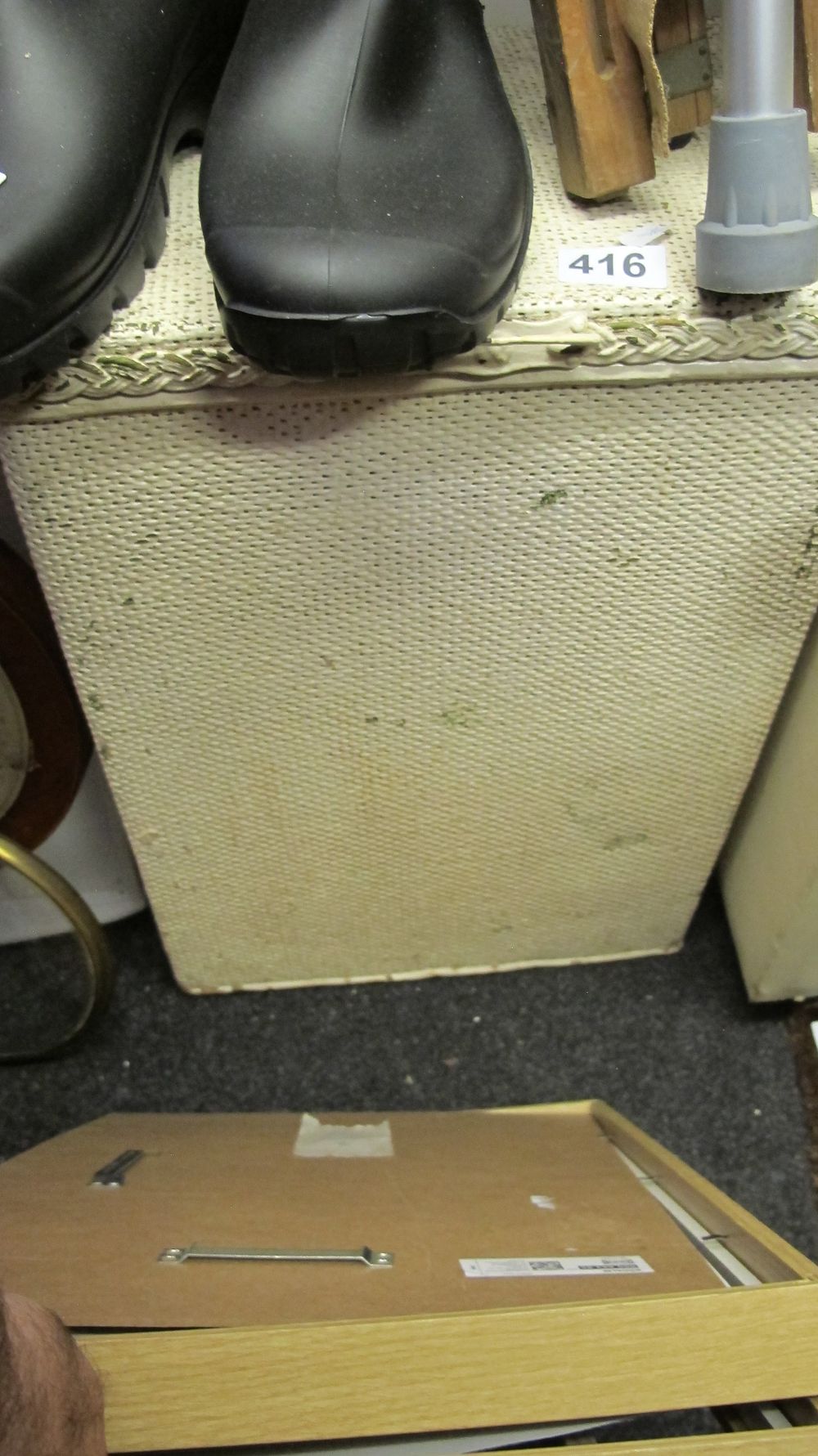 Lot 416: A Group of Household Items Including a Woven Linen Basket and Framed Backing Board