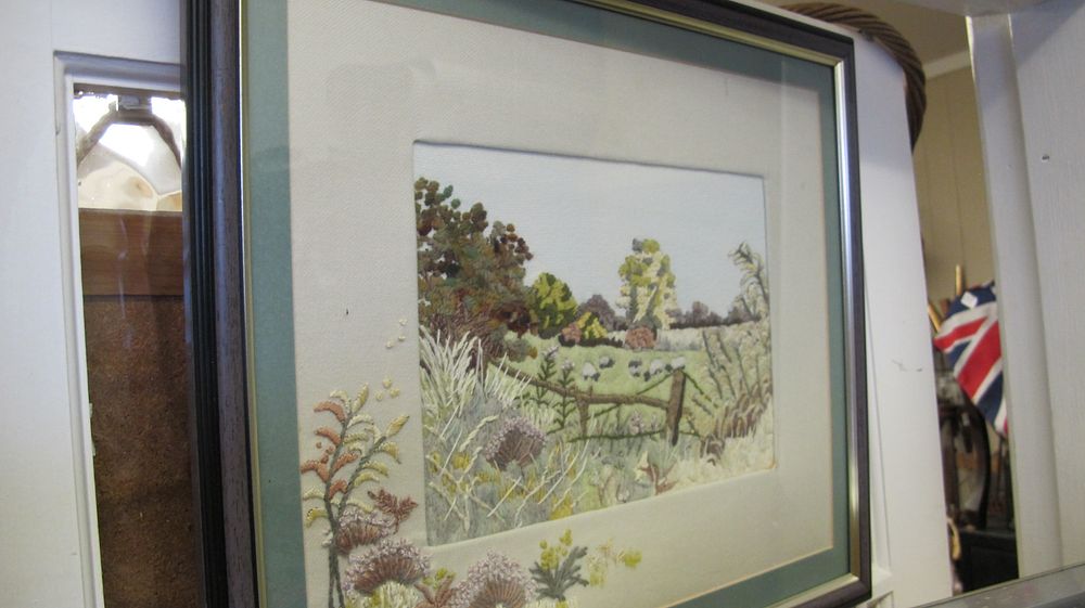 Lot 419: Framed Needlework Textile Landscape Depicting Sheep in a Pasture