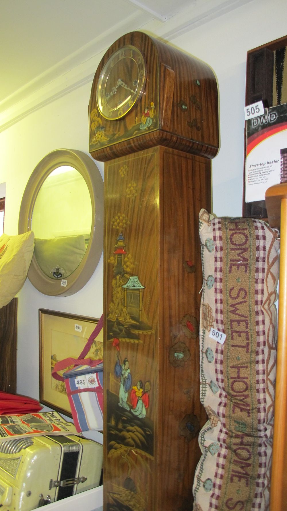 Lot 500: Art Deco Walnut and Polychrome Chinoiserie Grandmother Clock