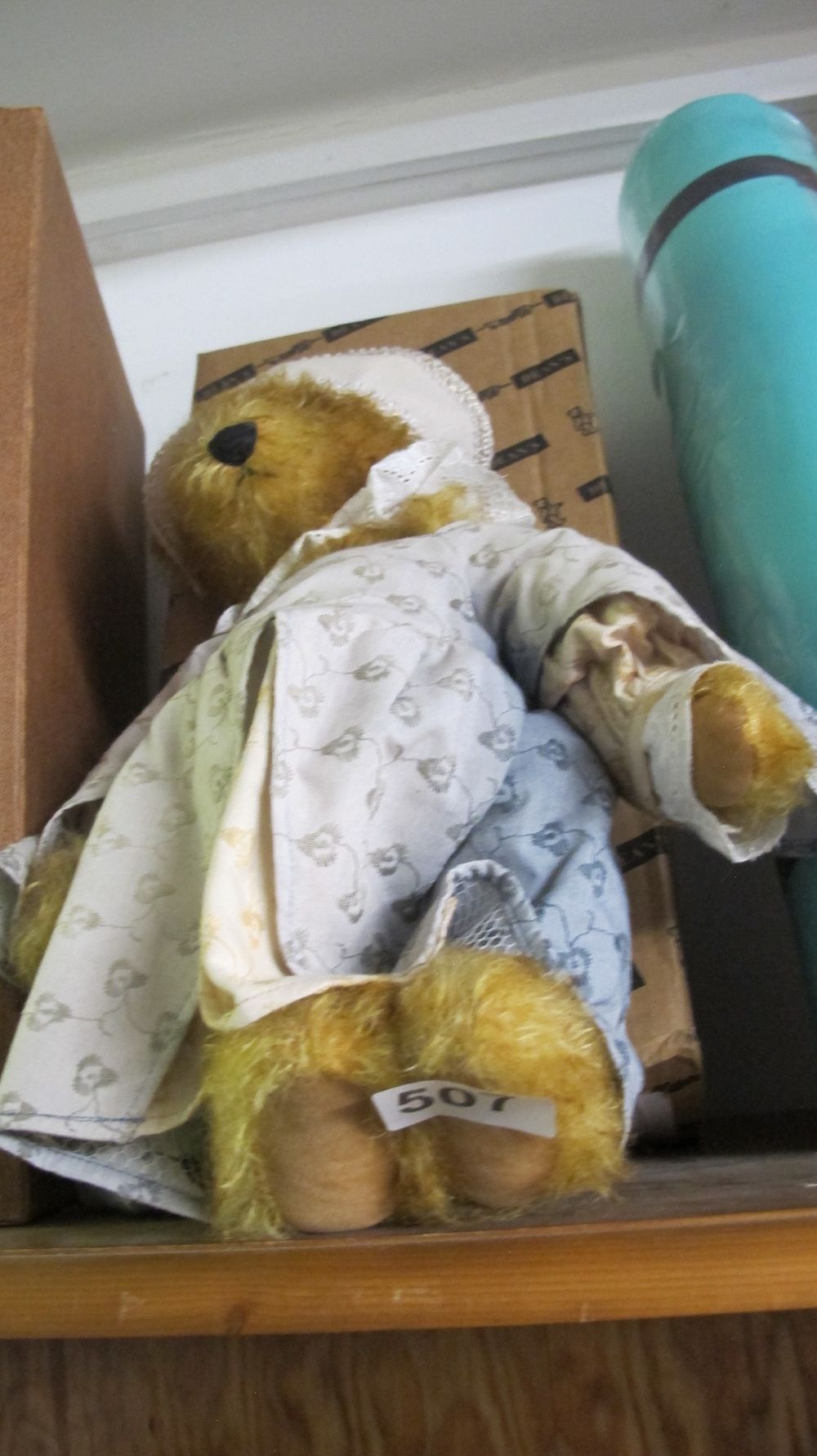 Lot 507: Dressed Teddy Bear in Floral Pattern Nightwear and Bonnet