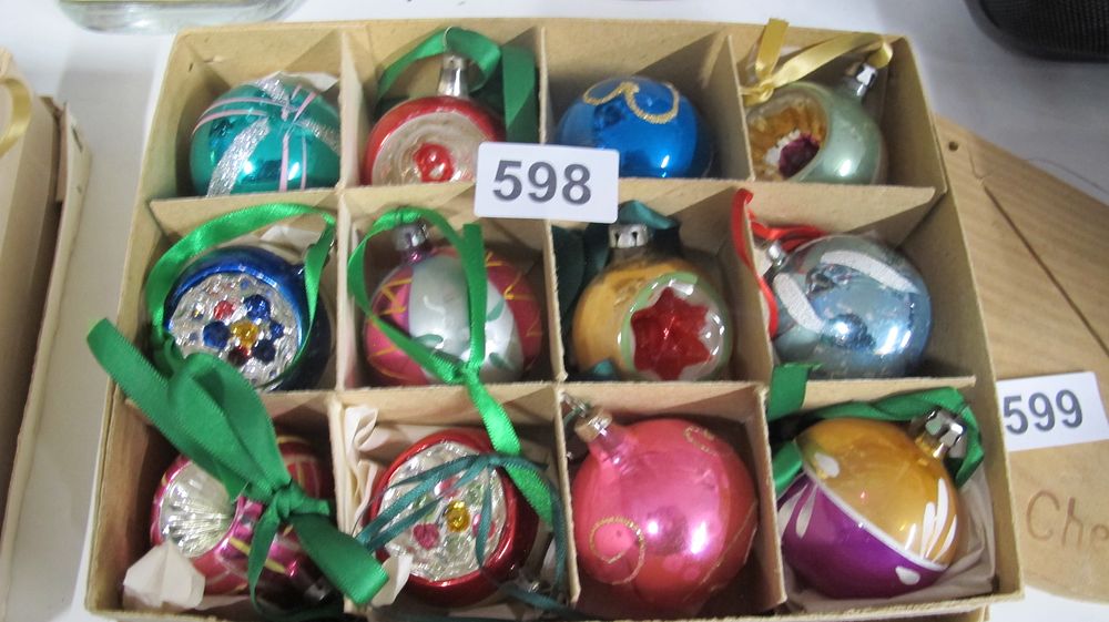 Lot 598: A Set of Vintage Silvered Glass Indent and Painted Christmas Tree Baubles