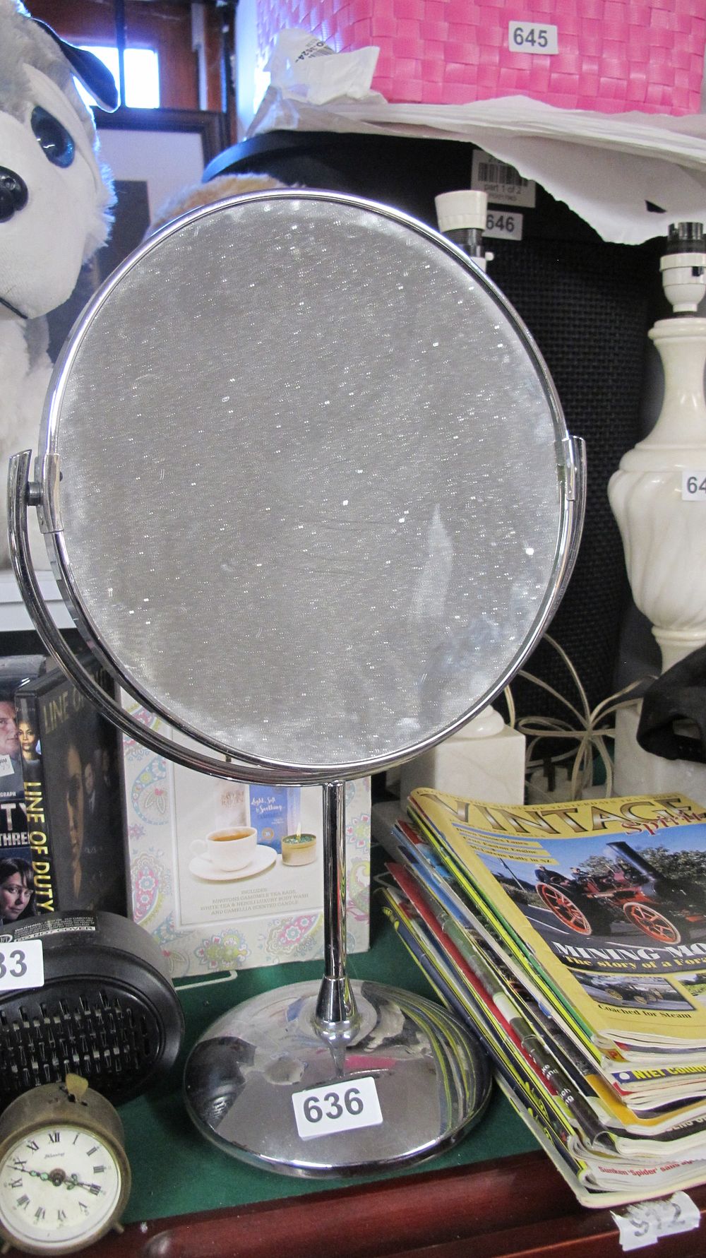 Lot 636: Modern Chrome-Plated Swivel Pedestal Vanity Mirror