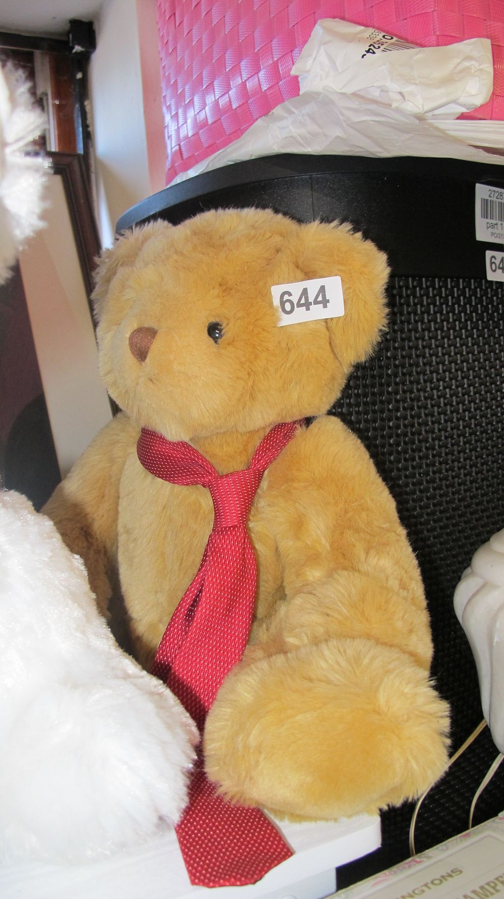 Lot 644: Golden Plush Teddy Bear Wearing a Red Necktie
